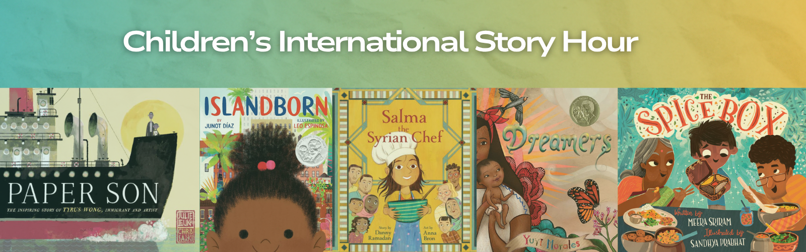 decorative image with text overlay, "Children's International Story Hour"